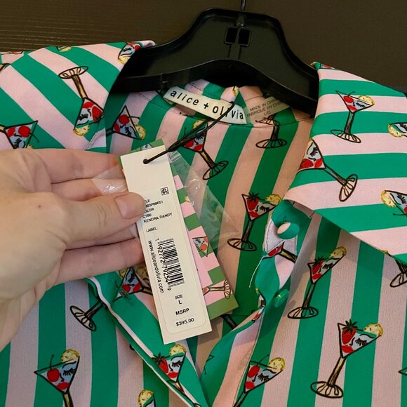 Alice & Olivia Willa Silk Shirt Martini Print Pale Pink & Green Stripes - Large - Picture 7 of 7
